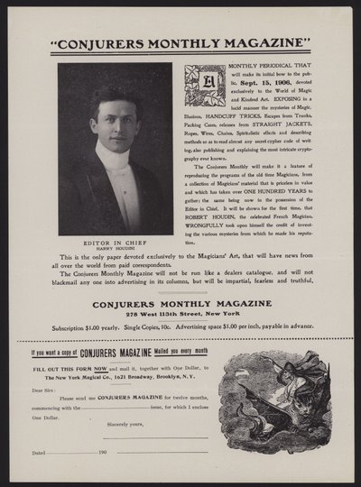 نموذج الاشتراك لمجلة Conjurers الشهرية ، رئيس التحرير Harry Houdini (litho) بواسطة المدرسة الأمريكية