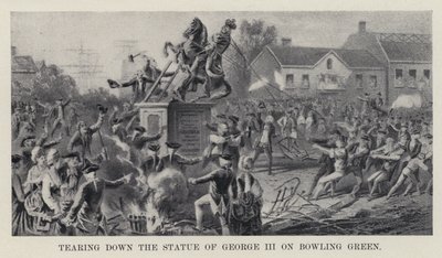 Tearing down the Statue of George III on Bowling Green (litho) بواسطة المدرسة الأمريكية