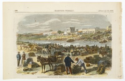 The Confederates Evacuating Brownsville, Texas, c. 1864 (hand-coloured lithograph on wove wood pulp paper) بواسطة المدرسة الأمريكية