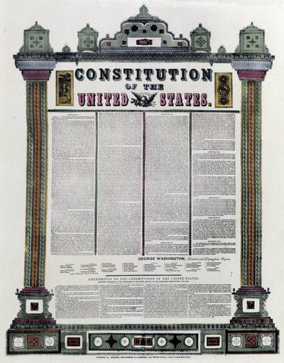 دستور الولايات المتحدة الأمريكية (الدستور الأمريكي) الموقع عام 1787 ، وتم تطبيقه عام 1789 بواسطة المدرسة الأمريكية