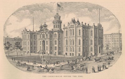 The Court-House before the Fire ، طبع بواسطة شركة Moss Engraving Co. ، نيويورك ، توضيح من مجلد History of Chicago. 2 بقلم ألفريد ثيودور أندرياس ، نُشر عام 1885 بواسطة المدرسة الأمريكية