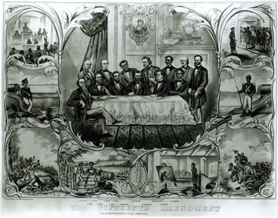 التعديل الخامس عشر ، وقعه الرئيس يوليسيس س.غرانت (1822-1885) مارس 1870 (ليثو) (صورة بالأبيض والأسود) بواسطة المدرسة الأمريكية