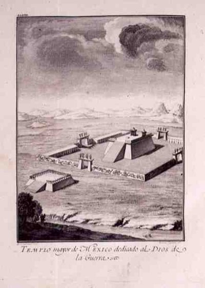 المعبد الرئيسي للمكسيك ، المكرس لآلهة الحرب ، من أنطونيو دي سوليس y Rivadeneira Solis "تاريخ غزو المكسيك" 1783-84 (لوحة منقوشة) بواسطة المدرسة الأمريكية