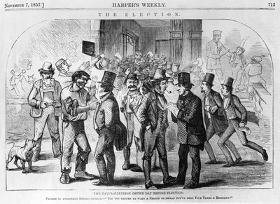 يوم مكتب التجنيس قبل الانتخابات ، نشر في هاربرز ويكلي ، 7 نوفمبر 1857 بواسطة المدرسة الأمريكية