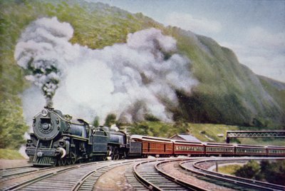 The New York to Chicago Express at the Horse-Shoe Curve, Alleghany, c.1930 (colour litho) بواسطة المدرسة الأمريكية