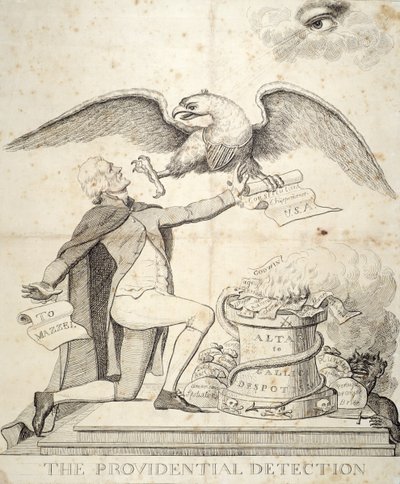 الكشف الوقائي ، رسم كاريكاتوري يصور توماس جيفرسون (1743-1826) محاولاً تدمير الدستور بواسطة المدرسة الأمريكية