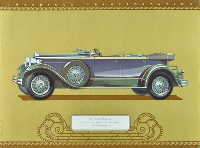 سيارة سبورت فايتون، ثمانية مخصصة من باكارد، طُبع عام 1930 (طباعة حجرية ملونة) بواسطة المدرسة الأمريكية