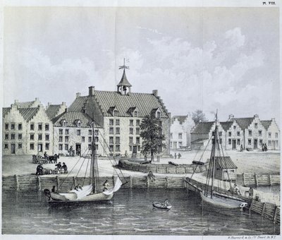 The Stadthuys of New York in 1679، Corner of Pearl Street and Coentijs Slip، from Journal of a Voyage to New York in 1679-80 by Jasper Danckaerts (b.1639) and Peter Sluyter (1645-1722) ، منشور عام 1867 بواسطة المدرسة الأمريكية