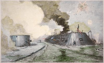 USS 'Monitor' يقاتل CSS 'Merrimack' في معركة هامبتون برودز خلال الحرب الأهلية الأمريكية ، 9 مارس 1862 (لون ليثو) بواسطة المدرسة الأمريكية