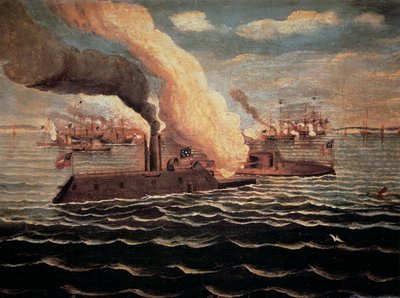 USS 'Monitor' يقاتل CSS 'Merrimack' في معركة هامبتون رودز خلال الحرب الأهلية الأمريكية ، 9 مارس 1862 (لون ليثو) بواسطة المدرسة الأمريكية