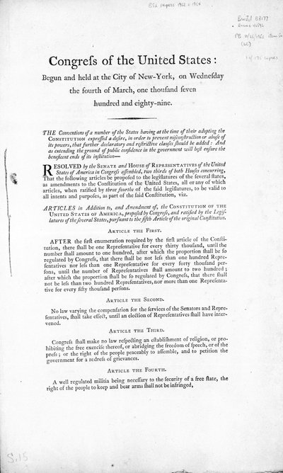 شرعة حقوق الولايات المتحدة ، اكتملت عام 1789 (طباعة) بواسطة المدرسة الأمريكية