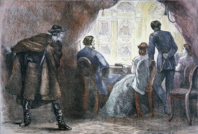 اغتيال أبراهام لينكولن (1809-1865) في الصندوق بمسرح فورد ، 14 أبريل 1865 (لون ليثو) بواسطة المدرسة الأمريكية