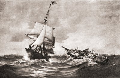 الاستيلاء على سفينة HMS Frolic من قبل السفينة الشراعية الحربية USS Wasp، وهي عملية بحرية دارت رحاها في المحيط الأطلسي في 18 أكتوبر 1812، أثناء حرب 1812، من quot;تاريخ بلدناquot;، المنشور عام 1905 (litho). بواسطة المدرسة الأمريكية