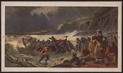 المغادرة ، إطلاق قارب النجاة ، حوالي عام 1878 (الطباعة الحجرية الملونة) بواسطة المدرسة الأمريكية