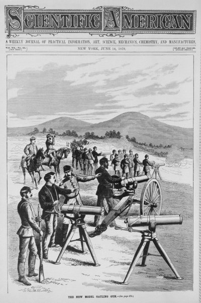 النموذج الجديد Gatling Gun ، من Scientific American ، في 14 يونيو 1879 بواسطة المدرسة الأمريكية