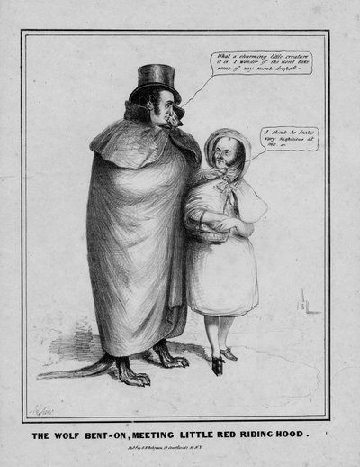 الذئب عازم على مقابلة الرداء الأحمر ، نشره HR Robinson ، New York ، c.1840 بواسطة المدرسة الأمريكية