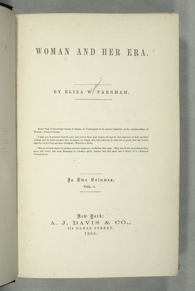 عنوان صفحة النساء وعصرها بقلم إليزا وود فارنهام (1815-64) المنشورة في نيويورك ، 1864 (طباعة) بواسطة American School