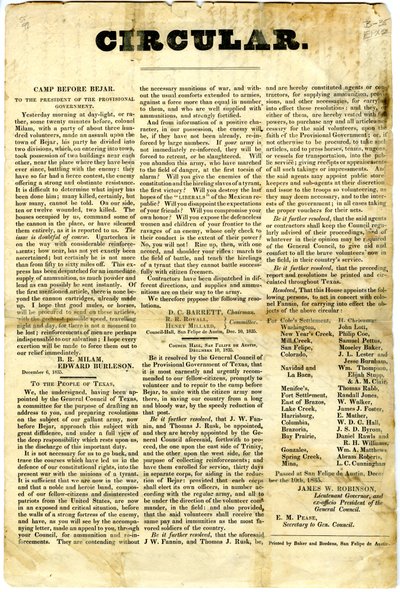 إلى شعب تكساس بشأن: حصار الحامية المكسيكية في سان أنطونيو دي بيكسار ، 10 ديسمبر 1835 بواسطة المدرسة الأمريكية