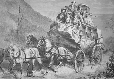Travelling through the American West by Concord Stagecoach in the 1860s (engraving) بواسطة المدرسة الأمريكية