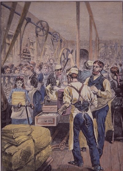 صناعة النسيج الأمريكية ، مصنع النسيج في الشمال ، حوالي 1870 (نقش ملون) بواسطة المدرسة الأمريكية