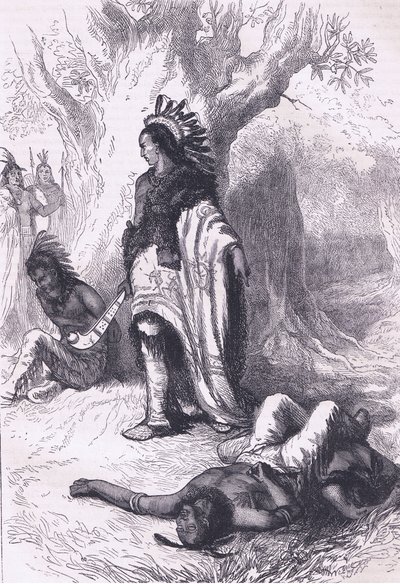 Uncas and Miantonomoh (1643) ، رسم توضيحي من حانة Cassell's History of the United States. بواسطة Petter & Galpin c.1890 (litho) بواسطة المدرسة الأمريكية