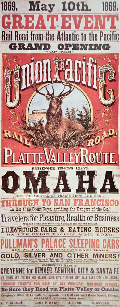 Union Pacific Railroad poster advertising the first transcontinental railroad across the USA بواسطة المدرسة الأمريكية