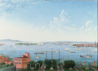 منظر لميناء نيويورك من مرتفعات بروكلين ، c.1860 (زيت على الكتان) بواسطة المدرسة الأمريكية