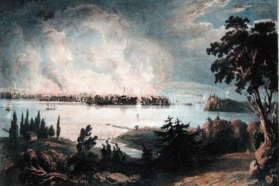 منظر لمدينة نيويورك من ويهوك أثناء الحريق العظيم ، 16 ديسمبر 1835 ، نقش بواسطة داي وهاغي (لون ليثو) بواسطة المدرسة الأمريكية
