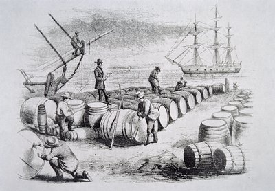 Whalers gauging oil in barrels, from The American Whale Fishery, c.1850 (engraving) بواسطة المدرسة الأمريكية