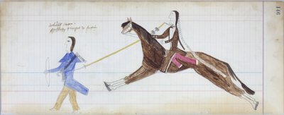 تغير الرجل الأبيض جزئيًا إلى هندي ، رسم توضيحي من Black Horse Ledger ، 1877-79 (قلم رصاص وقلم تلوين على ورق) بواسطة المدرسة الأمريكية