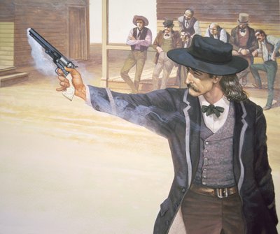 يُظهر `` Wild Bill '' Hickok (1837-1876) مهاراته في الرماية باستخدام مسدس طراز Colt Navy (اللون الليثو) بواسطة المدرسة الأمريكية