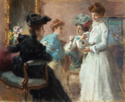 وقت الشاي في غرفة معيشتي في فيا سيناتو ، بواسطة أميرينو كاغنيوني (1853-1923) ، باستيل على ورق مثبت على قماش ، 48 × 56.5 سم بواسطة Amerino Cagnoni