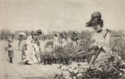 نساء يمشين في بريرا ، ميلانو ، إيطاليا ، نقش على لوحة ماجيو (مايو) لأميرينو كانيوني (1853-1923) ، من L