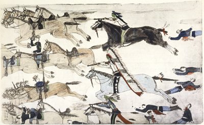معركة ليتل بيج هورن 25-26 يونيو 1876. انسحاب كتائب سلاح الفرسان الأمريكي السابع تحت قيادة الرائد ماركوس رينو. لوحة رسمها آموس باد هارت بافالو (سيوكس) حوالي عام 1900 بواسطة عاموس باد هارت بوفالو