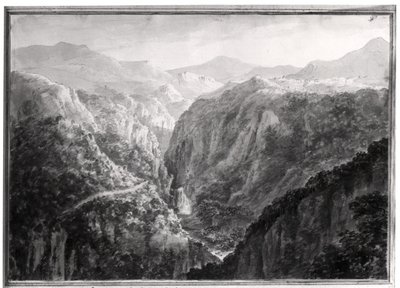 مشهد من فندق Inn at Devil&39;s Bridge مع سقوط Rhydal ، من "مناظر في إنجلترا واسكتلندا وويلز" ، 1804 (غسيل رمادي فوق الجرافيت على ورق منسوج) بواسطة عاموس جرين