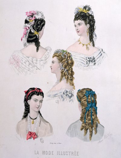 تسريحات الشعر بشرائط ، رسم توضيحي من "La Mode Illustree" ، 1872 (نقش الألوان) بواسطة أنيس تودوز