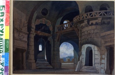 ديكور بور لا بيس ماكبث لوليام شكسبير (1564-1616) (تصميم مسرحي لمسرحية ماكبث لشكسبير). أعمال أناتولي فيودوروفيتش جيلتسر (1852-1918)، ألوان مائية وغواش على الورق بواسطة أناتولي فيدوروفيتش جيلتسر