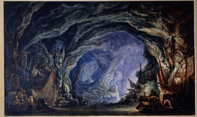 الديكور التحضيري لرقص الباليه Le Corsaire من قبل Adolphe Adam (1803-1856) (تصميم المسرح لرقص الباليه بواسطة A.Adam). كهف القراصنة ، الذي يمكن الوصول إليه عن طريق البحر ، حيث يجمعون غنائمهم وجوائزهم بجميع أنواعها (ملابس ، أطباق ، أسلحة). أوه بواسطة أناتولي فيدوروفيتش جيلتسر