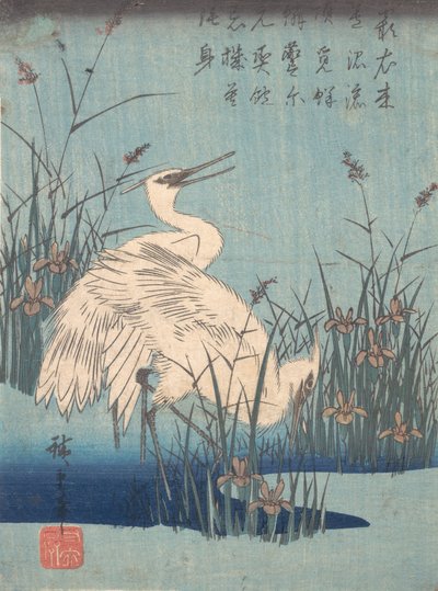 البلشون الأسود في Iris and Grasses ، كاليفورنيا. 1837. ، كاليفورنيا. 1837. بواسطة أندو هيروشيغه