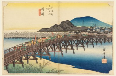 Okazaki ، جسر Tenshin ، في المحطات الثلاثة والخمسين لطريق Tokaido (Tokaido Gojusan Tsugi-no Uchi) بواسطة أندو هيروشيغه