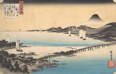 Seta no Sekisho. Sunset، Seta. Lake Biwa، حوالي 1835.، حوالي 1835. بواسطة أندو هيروشيغه