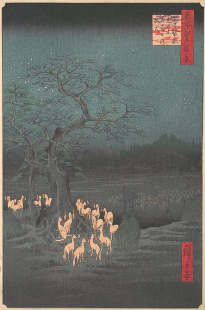 شجرة Shozokuenoki في Oji: Fox-fires ليلة رأس السنة الجديدة ، 1857. ، 1857. بواسطة أندو هيروشيغه