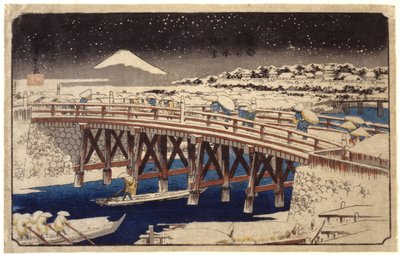 Nihonbashi In The Snow (طباعة خشبية ملونة) بواسطة أندو أو أوتاغاوا هيروشيغي