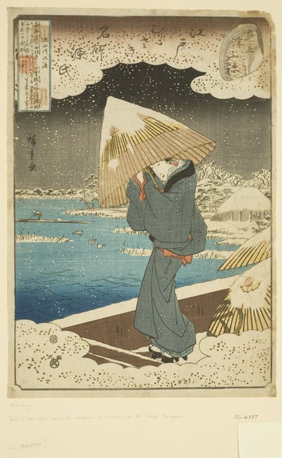 محاكاة ساخرة لفصل Ukifune: العبارة على نهر سوميدا (طباعة خشبية ملونة) بواسطة أندو أو أوتاغاوا هيروشيغي