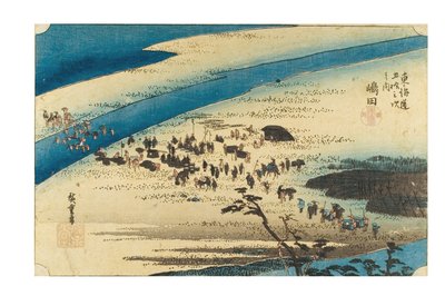 شيمادا: ضفة سوروغا لنهر أوي من سلسلة محطات توكايدو الثلاث والخمسين، حوالي 1841-1843 (طبعة على ورق مطبوع على الخشب) بواسطة أندو أو أوتاغاوا هيروشيغي