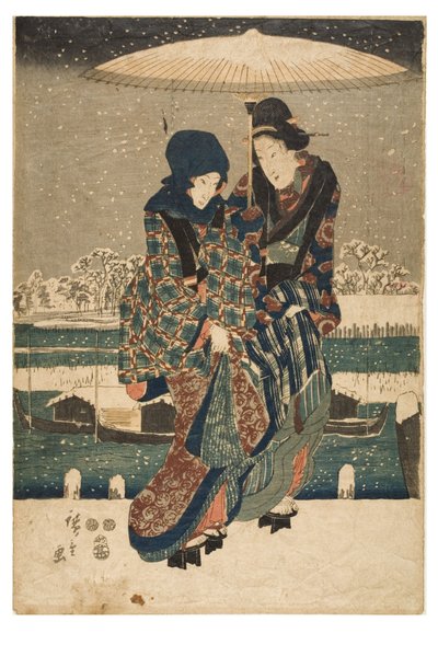 ثلوج على نهر سوميدا من سلسلة مناظر الفصول الأربعة في أماكن شهيرة في إيدو، حوالي 1847-1852 (طباعة على ورق خشب على ورق) بواسطة أندو أو أوتاغاوا هيروشيغي