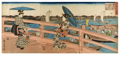 توهج غروب الشمس عند جسر ريوغوكو من السلسلة ثمانية مناظر لأماكن شهيرة في إيدو ، حوالي 1843-1847 (قالب خشبي على ورق) بواسطة أندو أو أوتاغاوا هيروشيغي