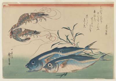اثنين من الروبيان مع اثنين من الماكريل الحصان ، c.1832-33 (كتلة خشبية ملونة على الورق) بواسطة أندو أو أوتاغاوا هيروشيغي