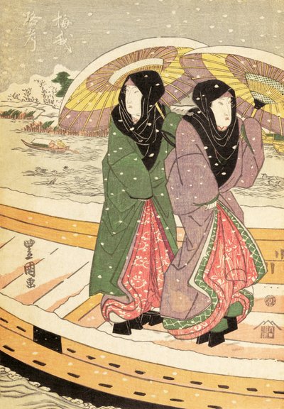 نساء يمشين فوق جسر في الثلج ، حانة. c.1848 (طباعة لوحة خشبية ملونة) بواسطة أندو أو أوتاغاوا هيروشيغي