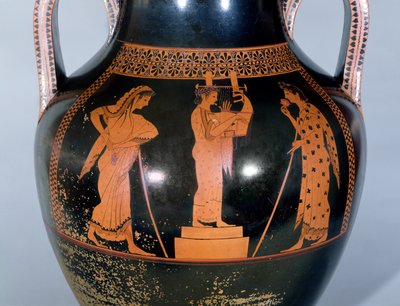 أمفورا العلية ذات الشكل الأحمر التي تصور أداء citharede في مسابقة موسيقية ، c.525-520 قبل الميلاد (سيراميك) بواسطة رسام Andokides